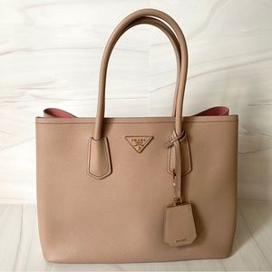 Prada Saffiano Cuir Large Double Bag Tote Nude Pink
